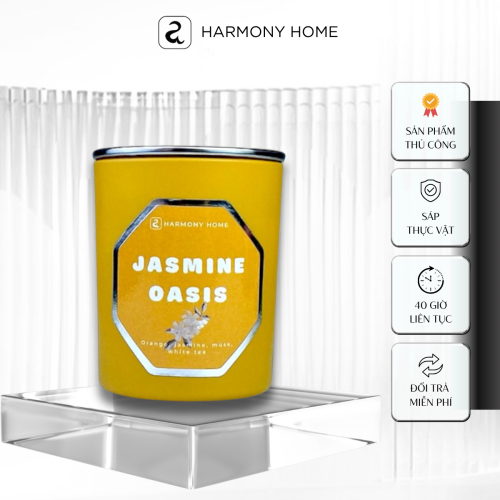 Nến thơm Jasmine Oasis [A] Harmony Home - Hương hoa nhài, xạ hương, bạch trà, cam,150g, sáp tự nhiên, hương nhập khẩu
