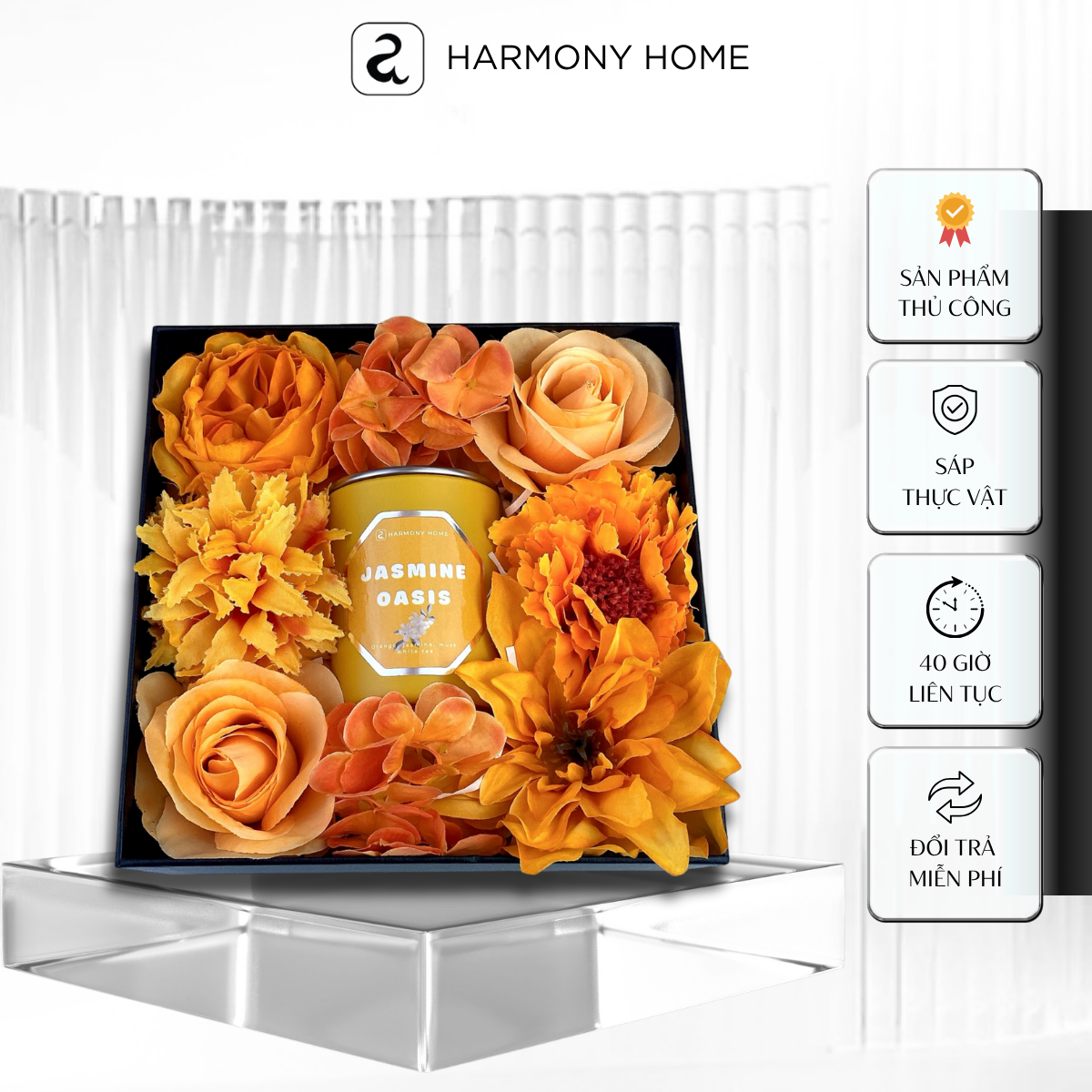Bộ Quà Tặng Nến Thơm Jasmine Oasis [A] Harmony Home: Hương Cam, xạ hương, bạch trà, hoa nhài,150g, sáp tự nhiên