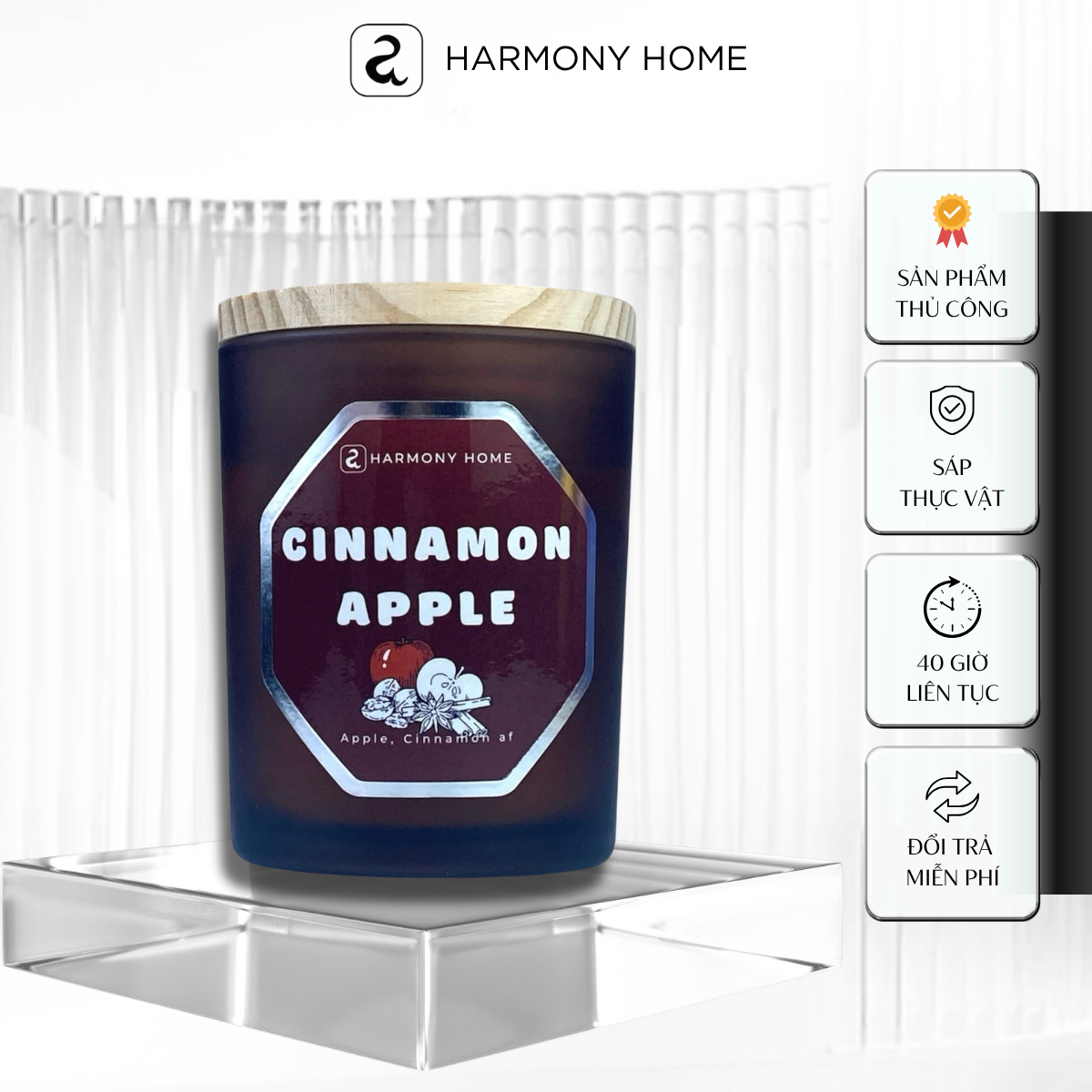 Nến thơm Cinnamon Apple [A] Harmony Home - Hương táo đỏ, quế, ngọt ngào ấm áp, 150g, sáp tự nhiên, hương nhập khẩu