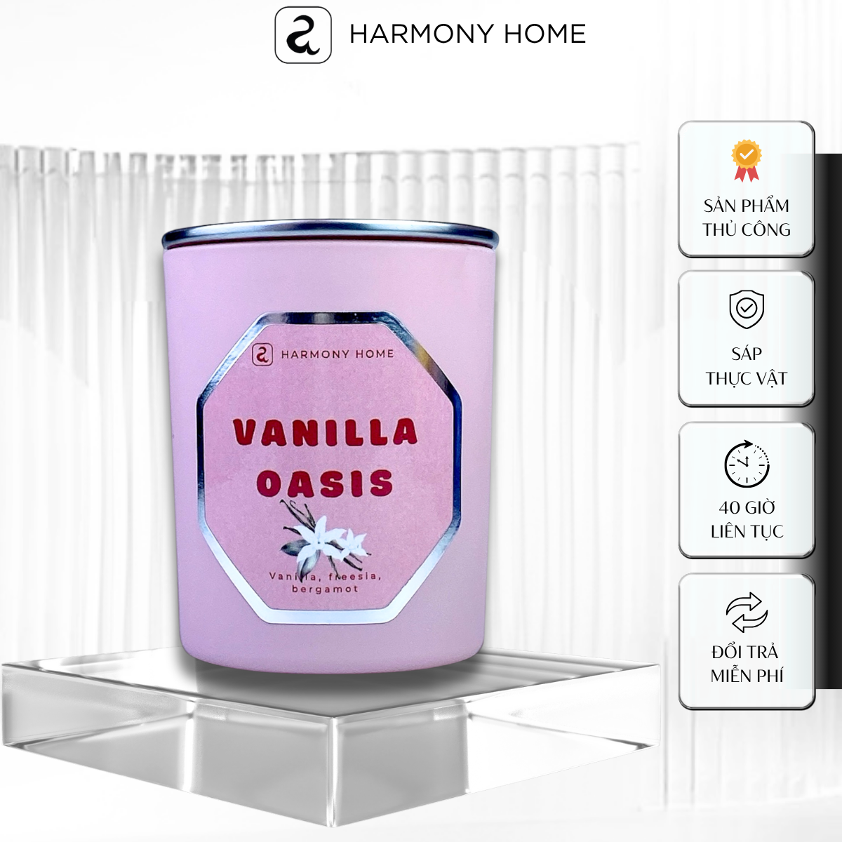 Nến thơm Vanilla Oasis [A] Harmony Home – Hương Hoa Lan Nam Phi,Vanilla và Cam,150g, sáp tự nhiên, hương nhập khẩu